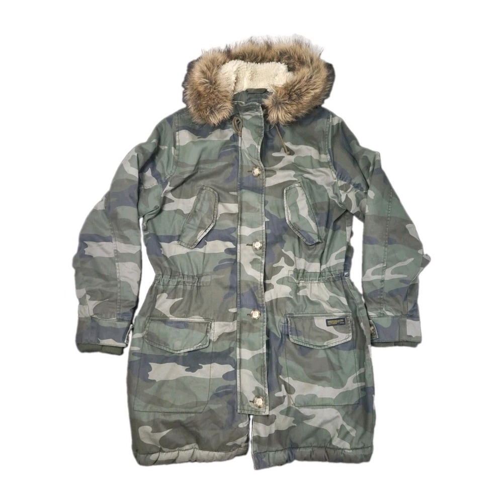 Abercrombie & Fitch Womens Camo Sherpa Lined Parka Jacket Size L Faux Fur Hood